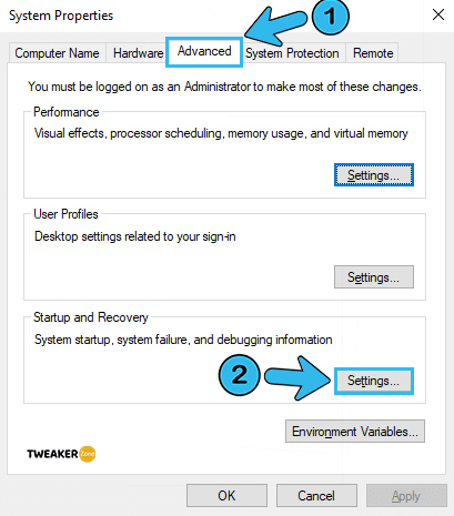 Setup and Recovery in System Properties