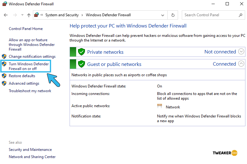 Turn Windows Defender Firewall on or off