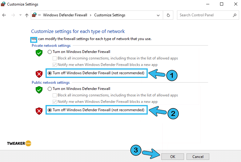 Turn off Windows Firewall (not recommended)