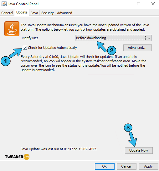 Updating Java control panel